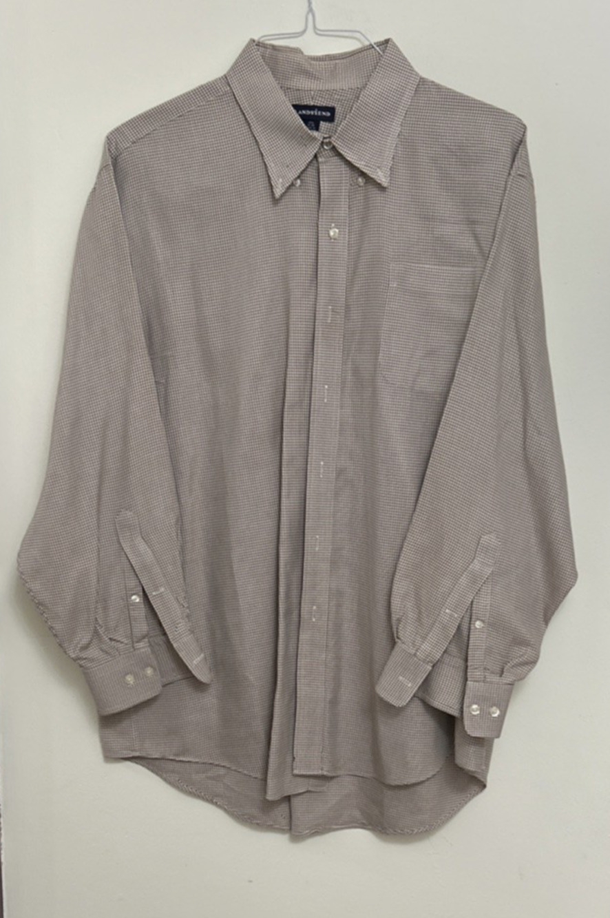 Lands' End Men's Size 17.5/32-33 Dress Shirt Brown White Houndstooth Cotton